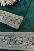 Green Banarasi Mashru Silk Flower Design Fabric ( 1 Mtr ) - Luxurion World