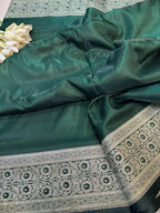 Green Banarasi Mashru Silk Flower Design Fabric ( 1 Mtr ) - Luxurion World