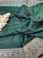 Green Banarasi Mashru Silk Flower Design Fabric ( 1 Mtr ) - Luxurion World