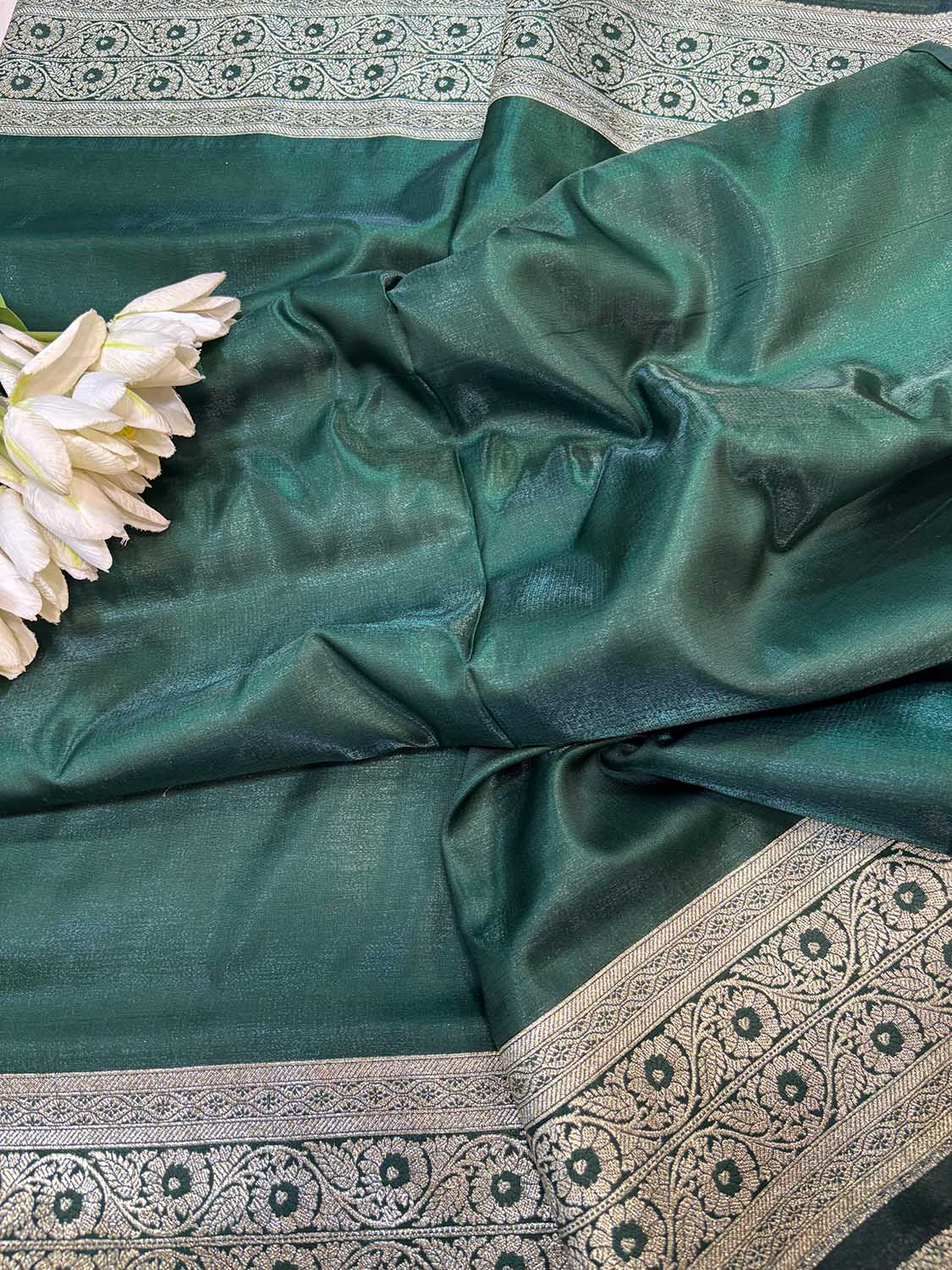 Green Banarasi Mashru Silk Flower Design Fabric ( 1 Mtr ) - Luxurion World
