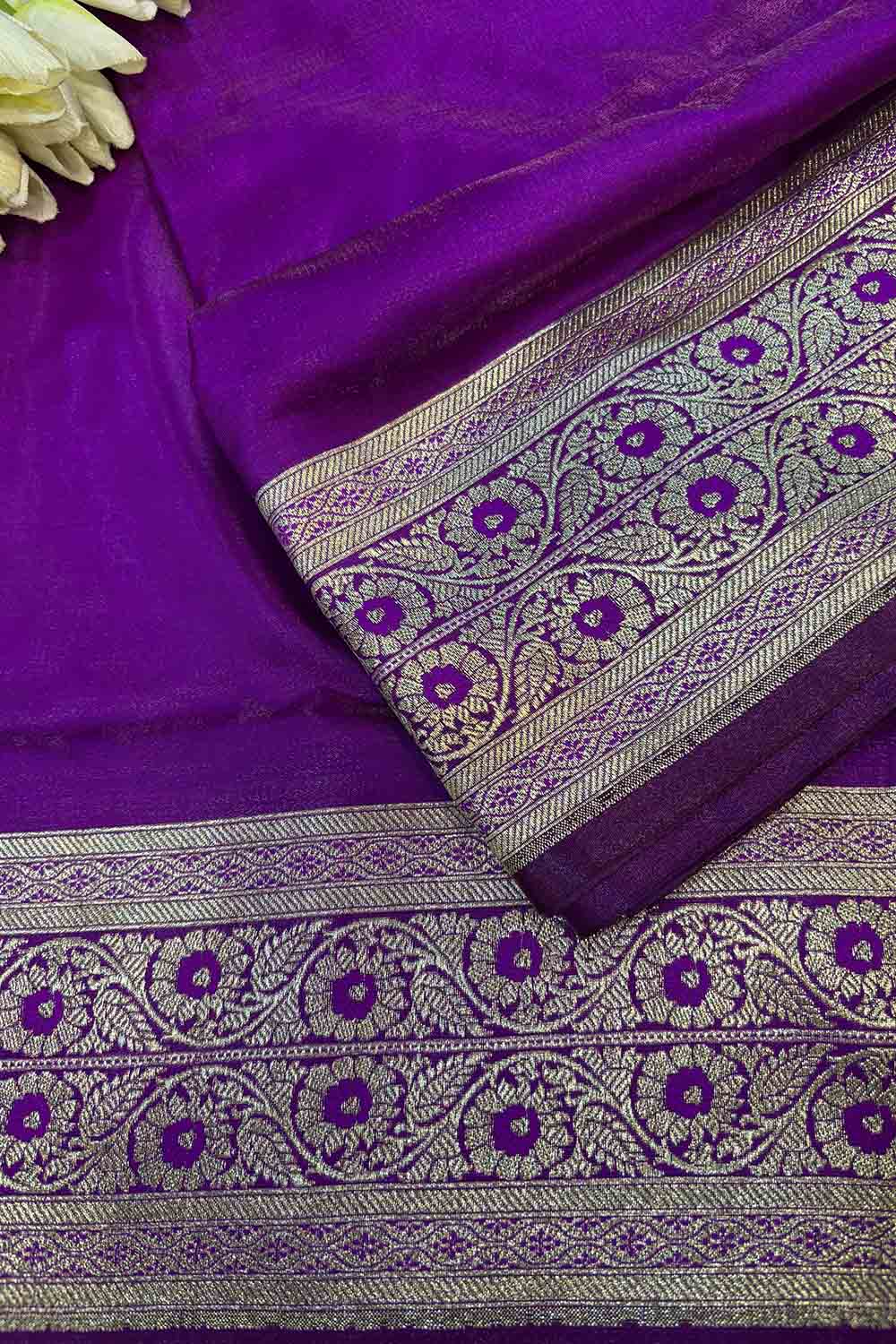 Purple Banarasi Mashru Silk Flower Design Fabric ( 1 Mtr ) - Luxurion World