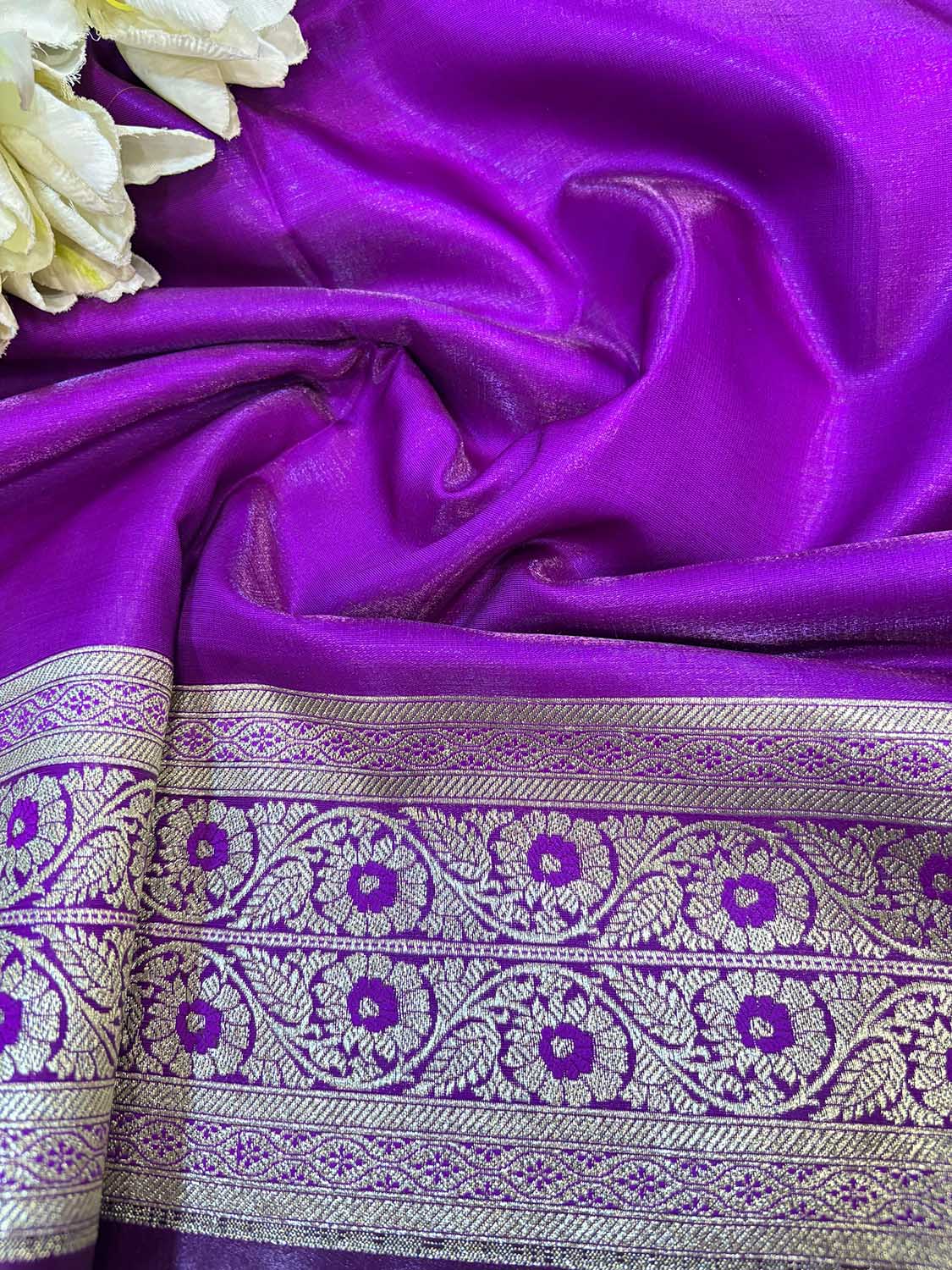 Purple Banarasi Mashru Silk Flower Design Fabric ( 1 Mtr ) - Luxurion World
