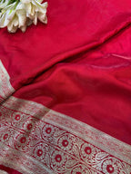 Red Banarasi Mashru Silk Flower Design Fabric ( 1 Mtr ) - Luxurion World