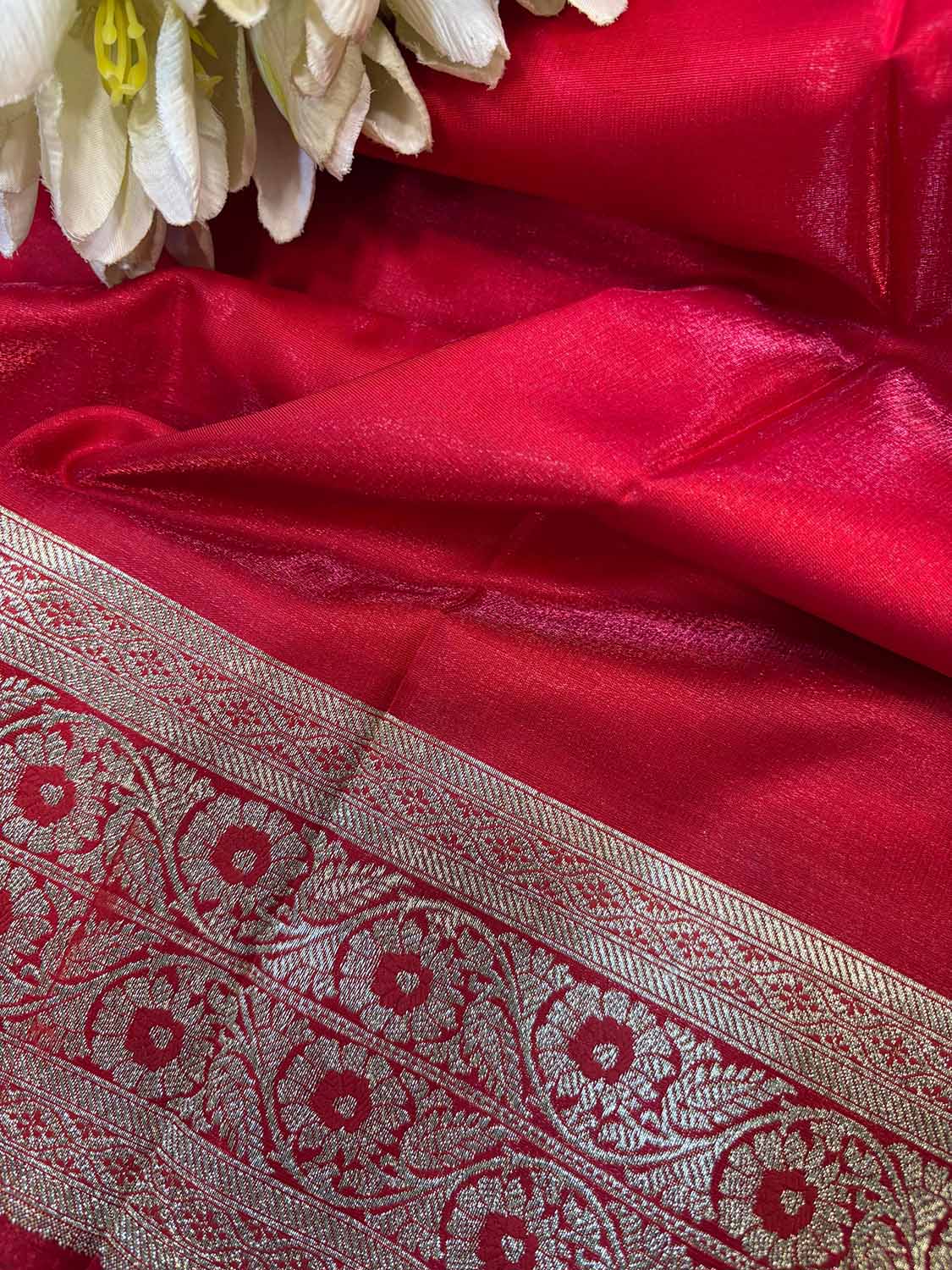 Red Banarasi Mashru Silk Flower Design Fabric ( 1 Mtr ) - Luxurion World