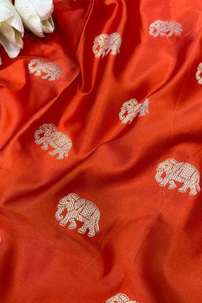 Orange Banarasi Mashru Silk Elephant Design Fabric ( 2.5 Mtr ) - Luxurion World