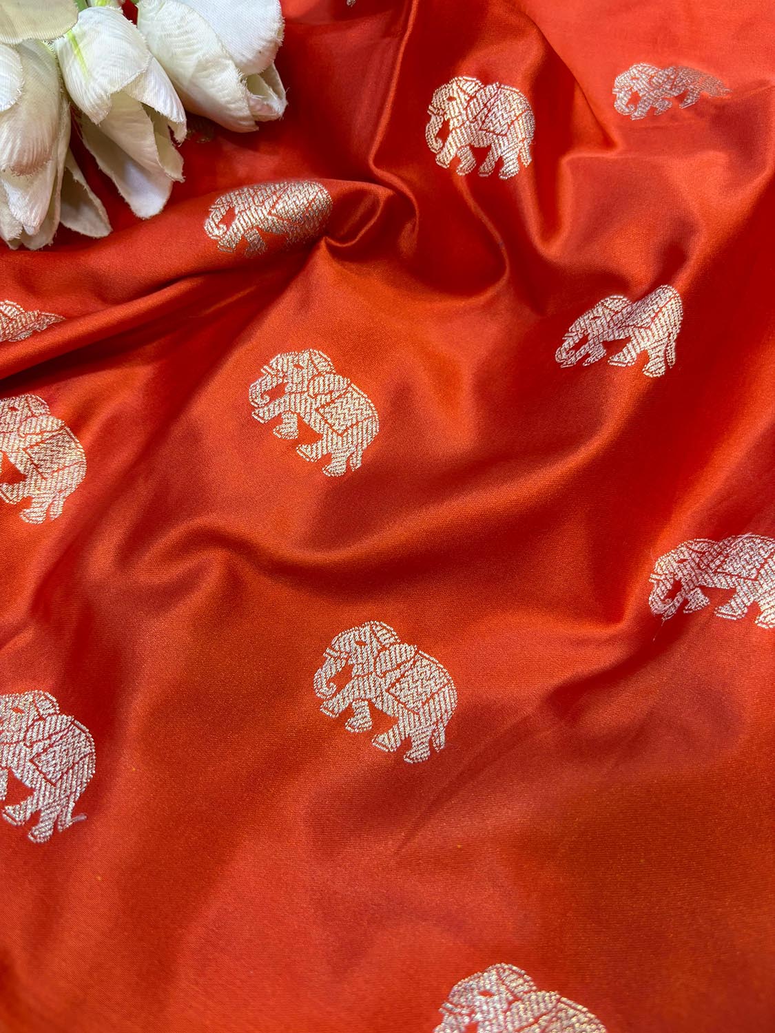 Orange Banarasi Mashru Silk Elephant Design Fabric ( 2.5 Mtr ) - Luxurion World