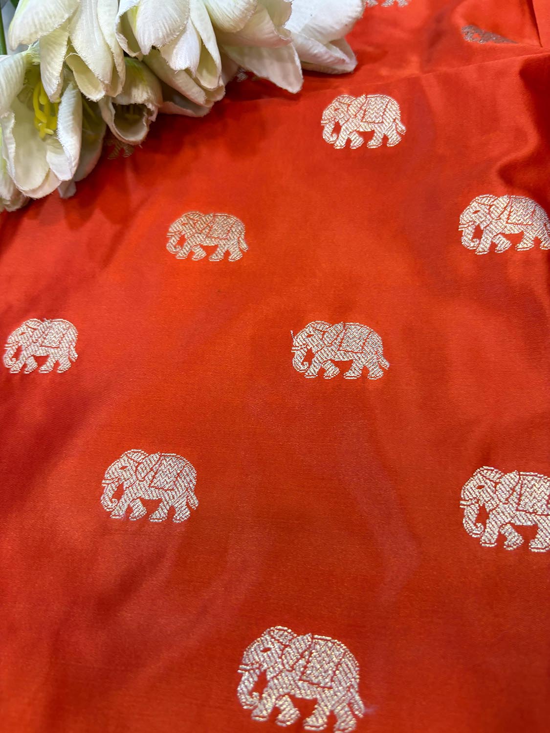 Orange Banarasi Mashru Silk Elephant Design Fabric ( 2.5 Mtr ) - Luxurion World