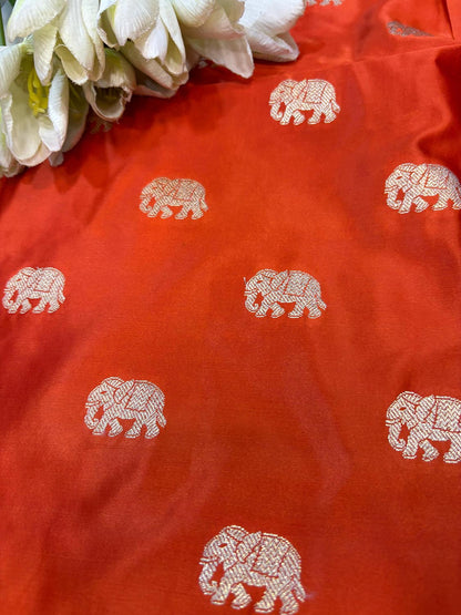 Orange Banarasi Mashru Silk Elephant Design Fabric ( 2.5 Mtr ) - Luxurion World