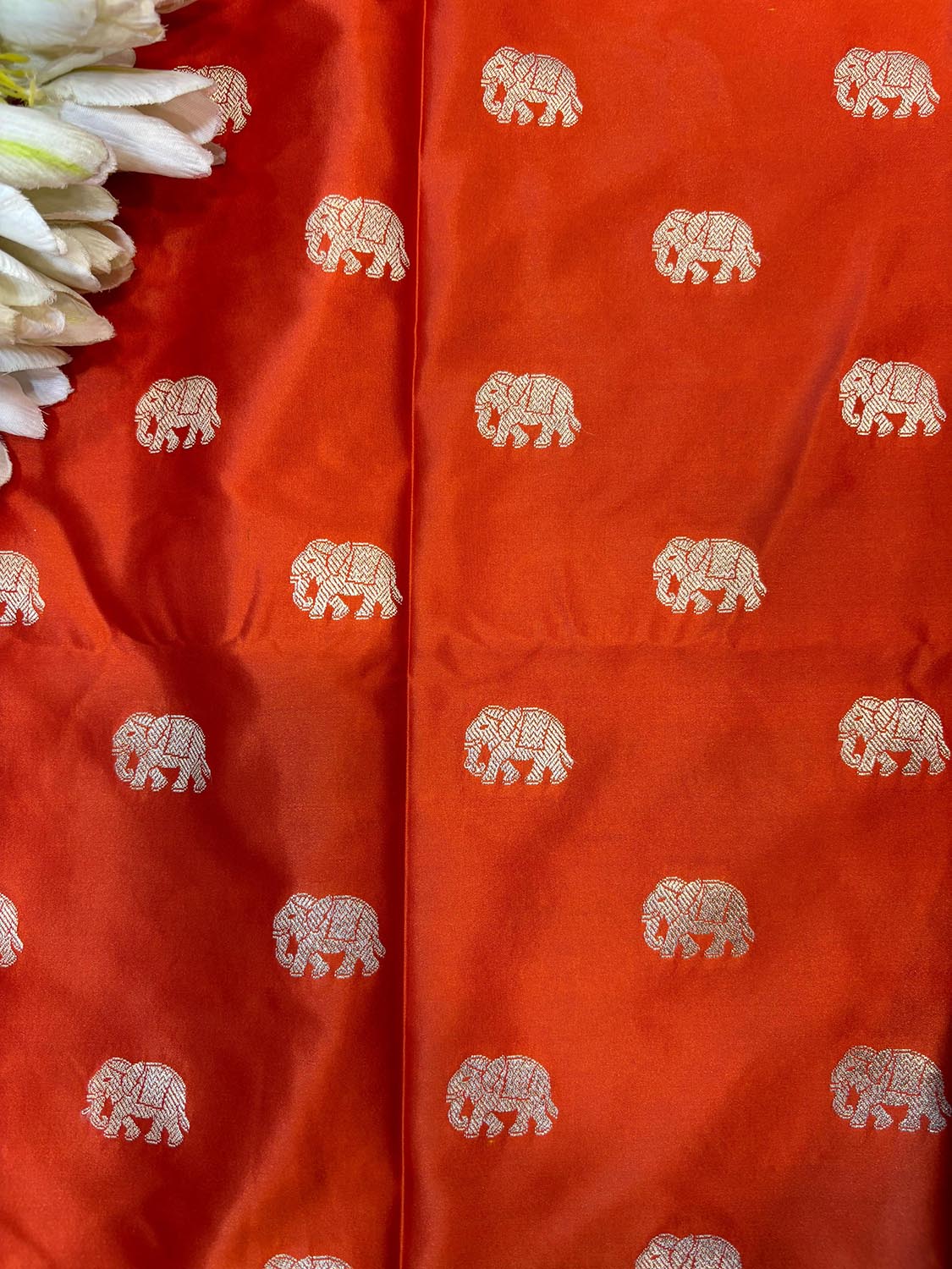 Orange Banarasi Mashru Silk Elephant Design Fabric ( 2.5 Mtr ) - Luxurion World