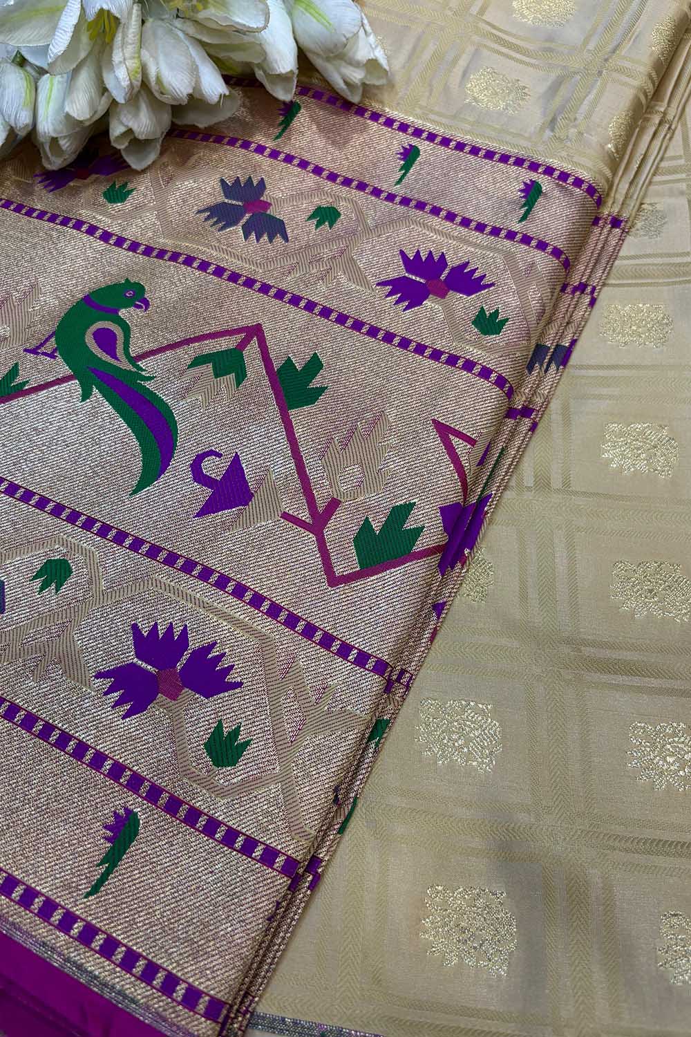 Golden Banarasi Silk Paithani Big Border Fabric ( 1 Mtr ) - Luxurion World