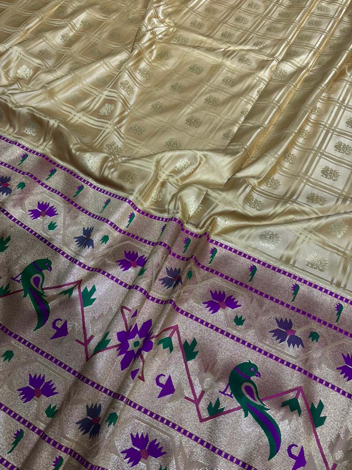 Golden Banarasi Silk Paithani Big Border Fabric ( 1 Mtr ) - Luxurion World