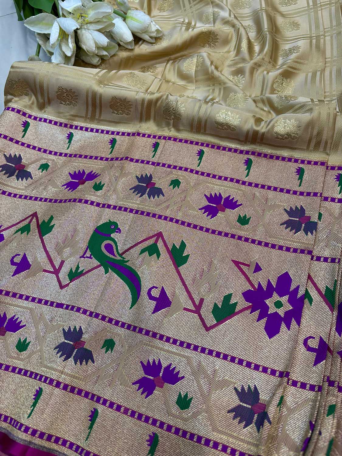 Golden Banarasi Silk Paithani Big Border Fabric ( 1 Mtr ) - Luxurion World