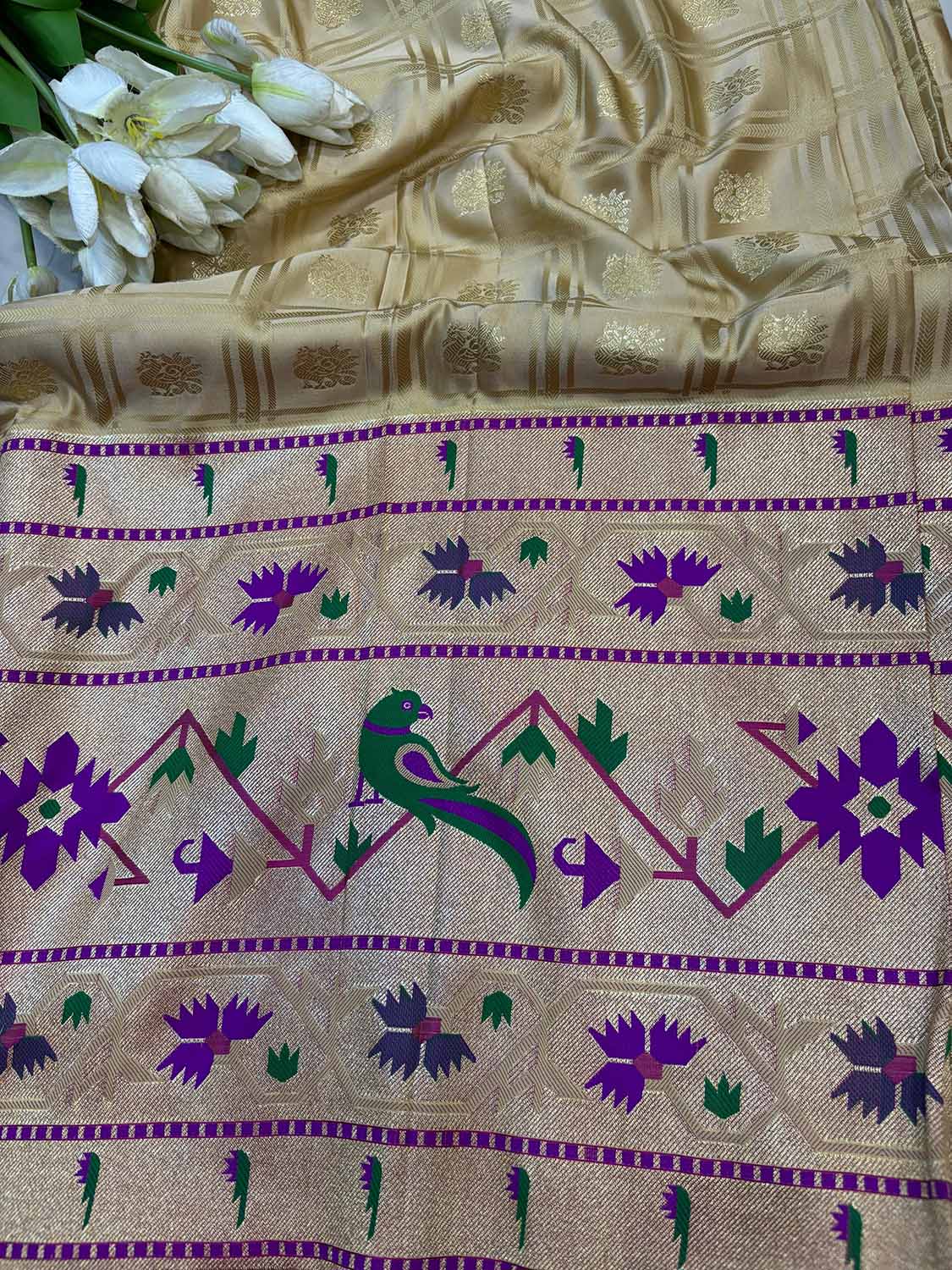 Golden Banarasi Silk Paithani Big Border Fabric ( 1 Mtr ) - Luxurion World