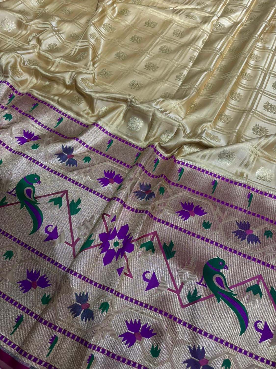 Golden Banarasi Silk Paithani Big Border Fabric ( 1 Mtr ) - Luxurion World