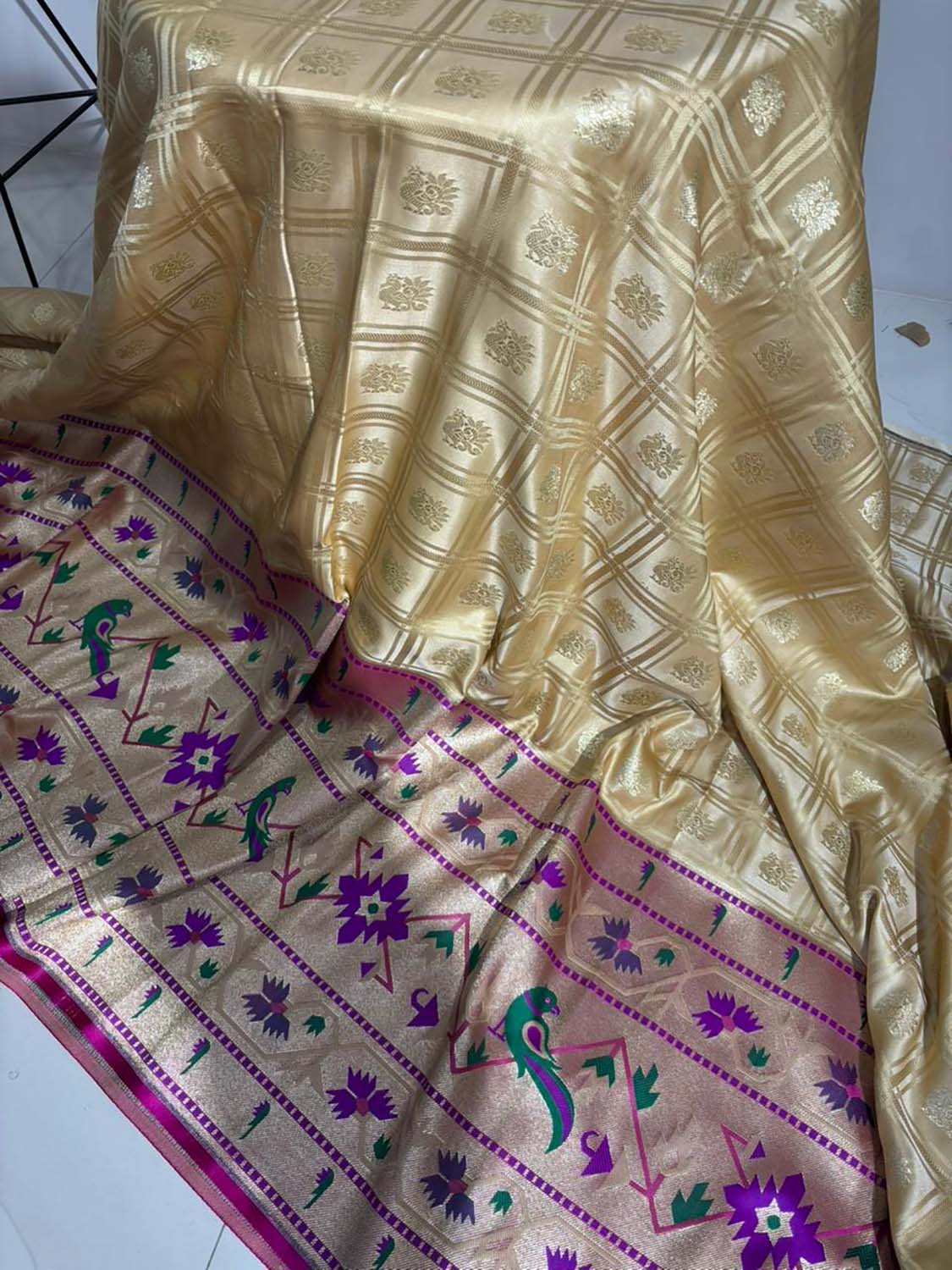 Golden Banarasi Silk Paithani Big Border Fabric ( 1 Mtr ) - Luxurion World