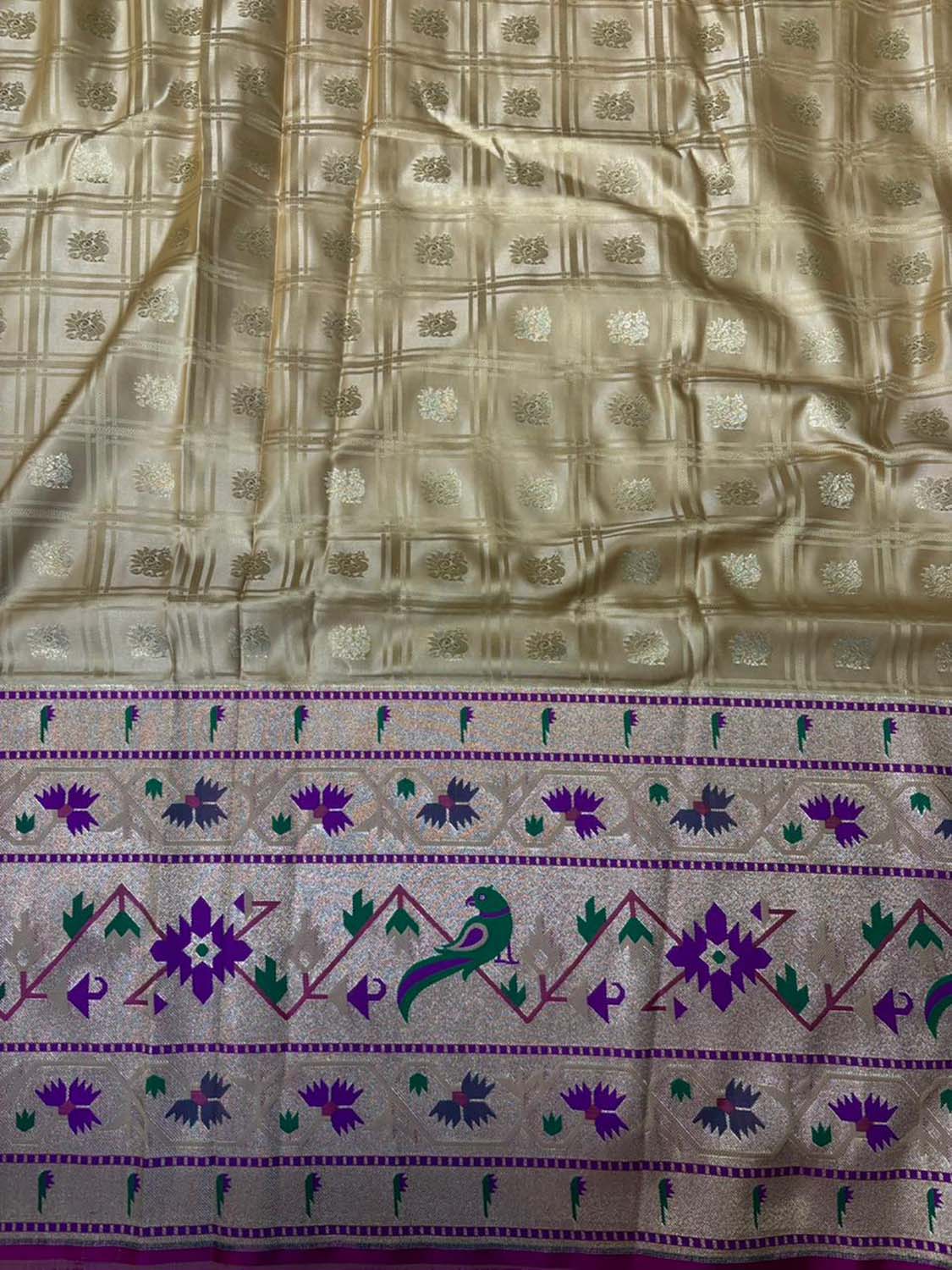 Golden Banarasi Silk Paithani Big Border Fabric ( 1 Mtr ) - Luxurion World