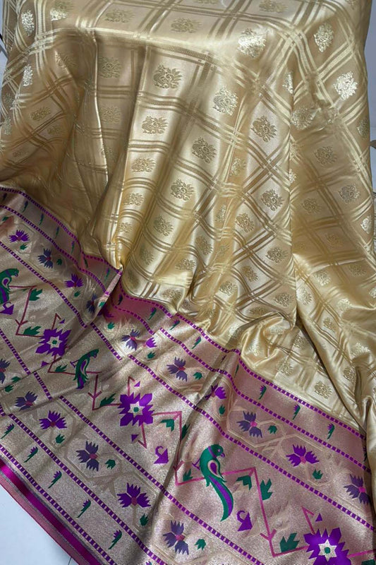 Golden Banarasi Silk Paithani Big Border Fabric ( 1 Mtr ) - Luxurion World