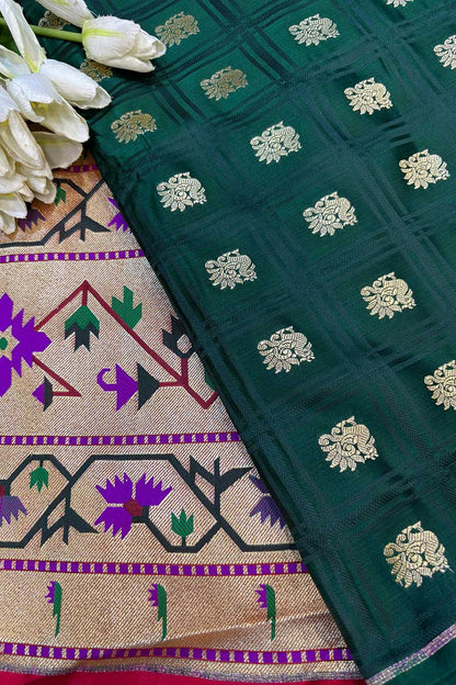 Green Banarasi Silk Paithani Big Border Fabric ( 1 Mtr ) - Luxurion World