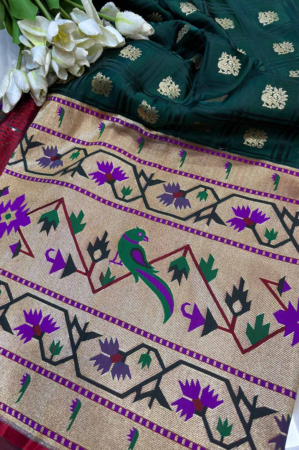 Green Banarasi Silk Paithani Big Border Fabric ( 1 Mtr ) - Luxurion World