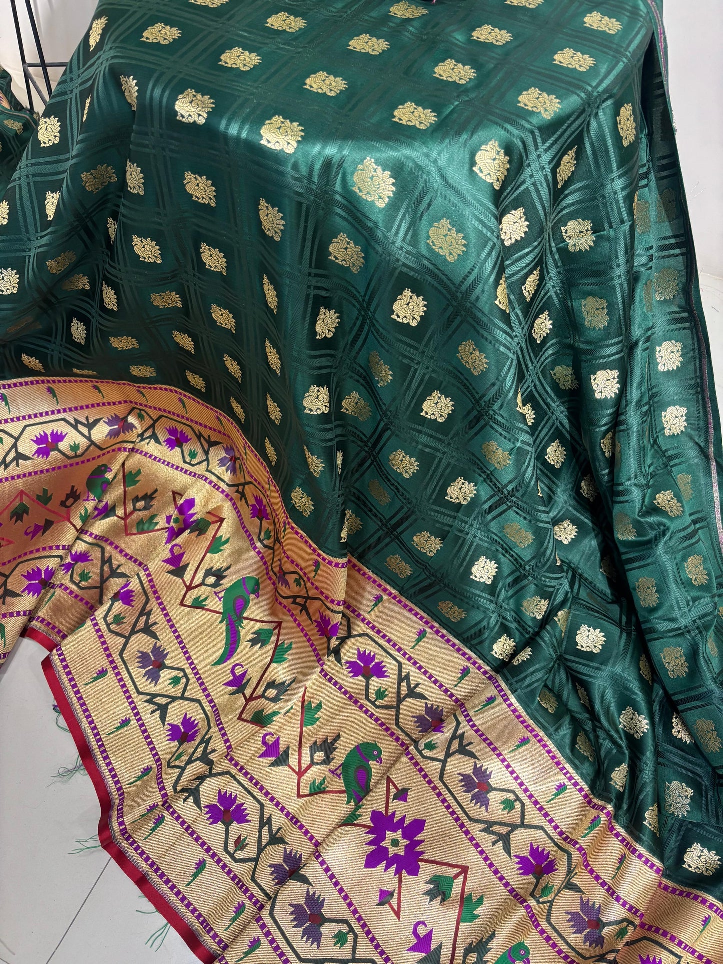 Green Banarasi Silk Paithani Big Border Fabric ( 1 Mtr ) - Luxurion World