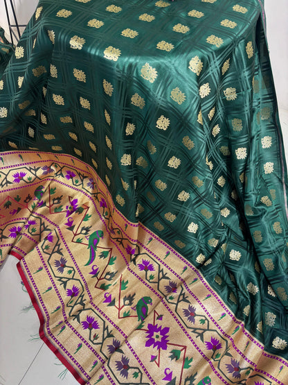 Green Banarasi Silk Paithani Big Border Fabric ( 1 Mtr ) - Luxurion World