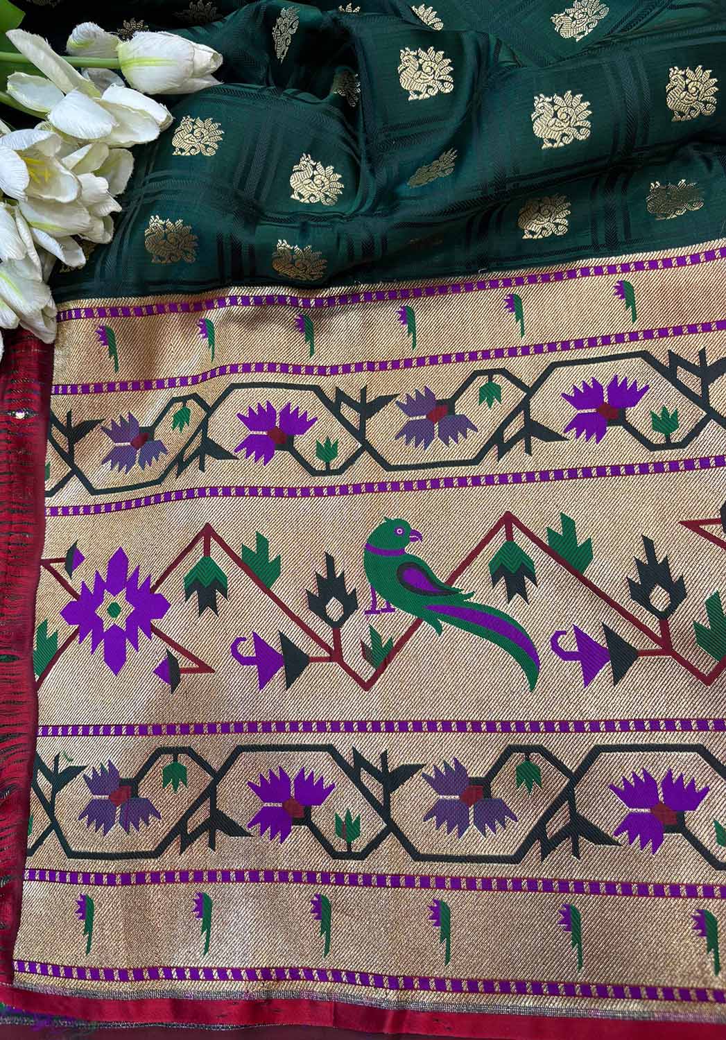 Green Banarasi Silk Paithani Big Border Fabric ( 1 Mtr ) - Luxurion World