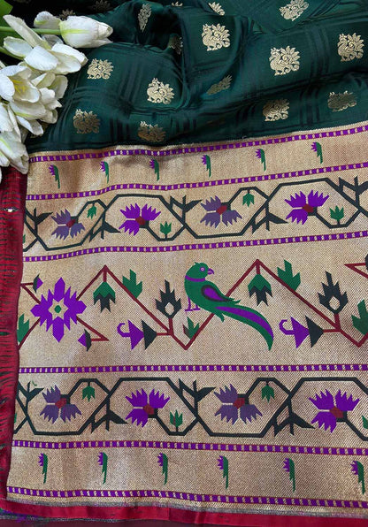 Green Banarasi Silk Paithani Big Border Fabric ( 1 Mtr ) - Luxurion World