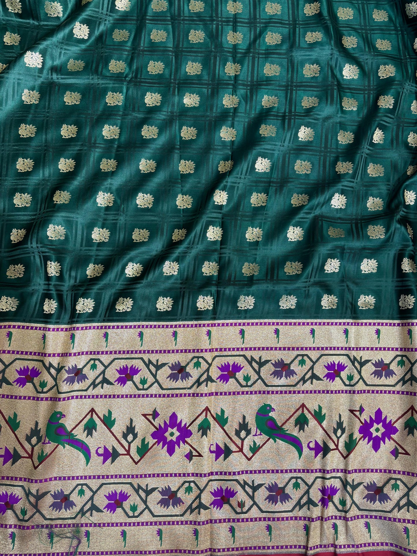 Green Banarasi Silk Paithani Big Border Fabric ( 1 Mtr ) - Luxurion World