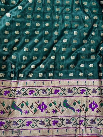 Green Banarasi Silk Paithani Big Border Fabric ( 1 Mtr ) - Luxurion World