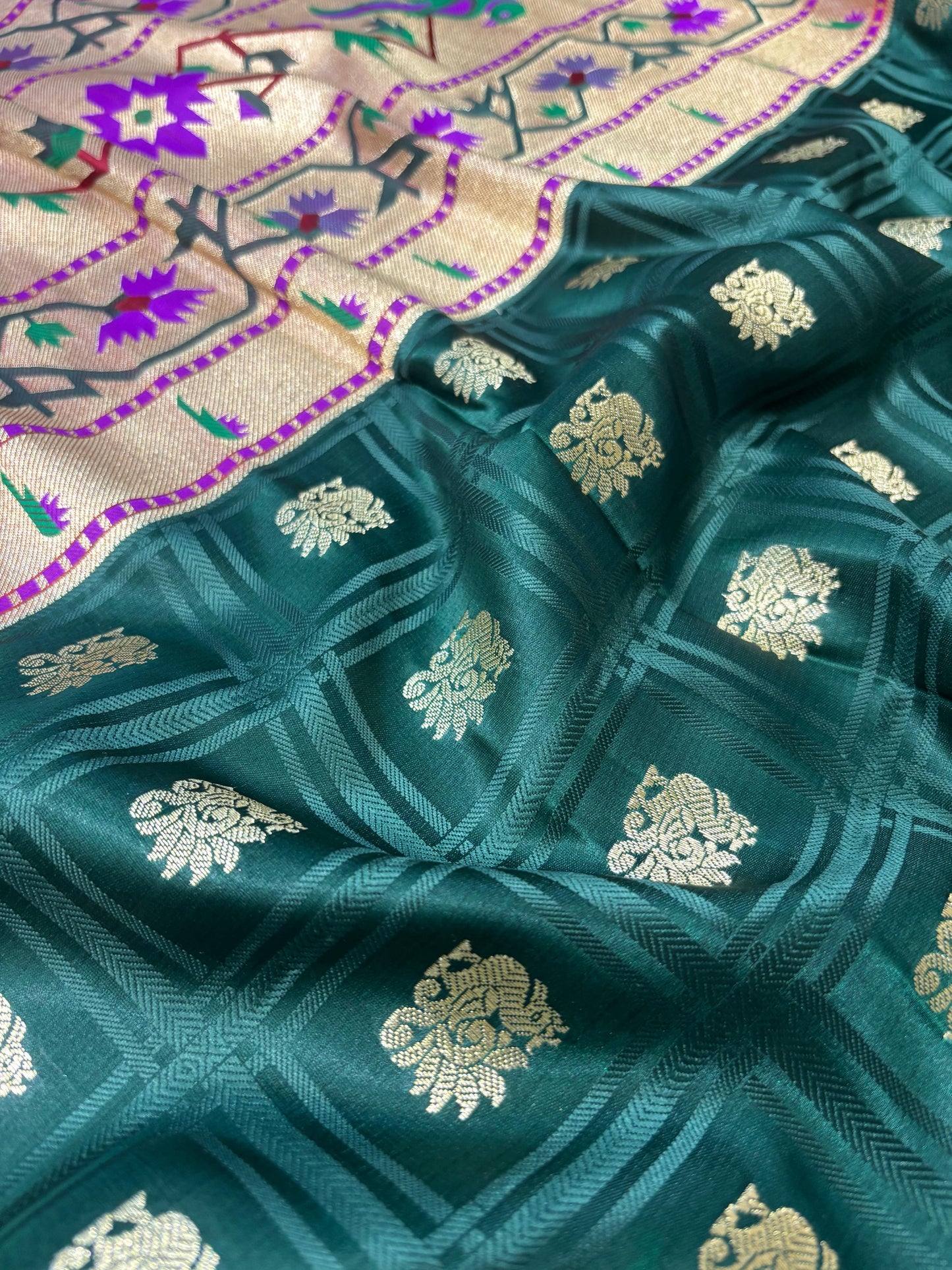 Green Banarasi Silk Paithani Big Border Fabric ( 1 Mtr ) - Luxurion World