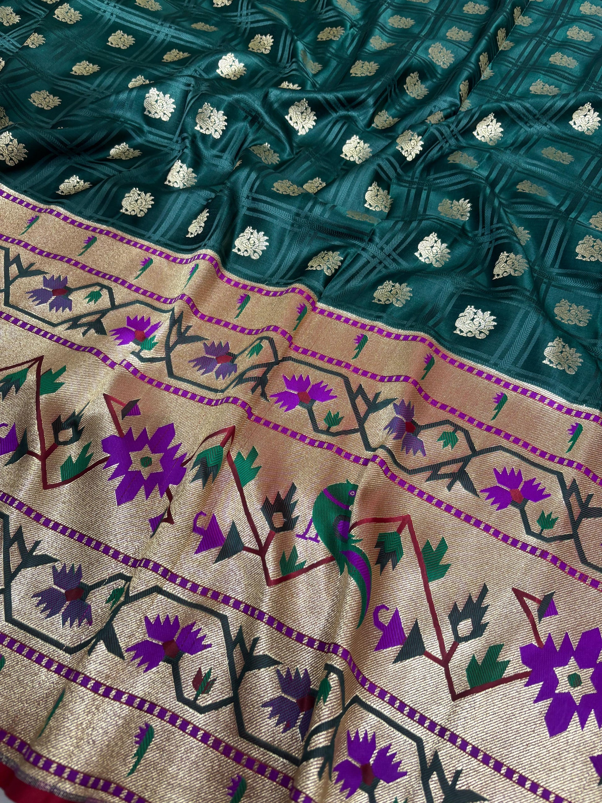 Green Banarasi Silk Paithani Big Border Fabric ( 1 Mtr ) - Luxurion World