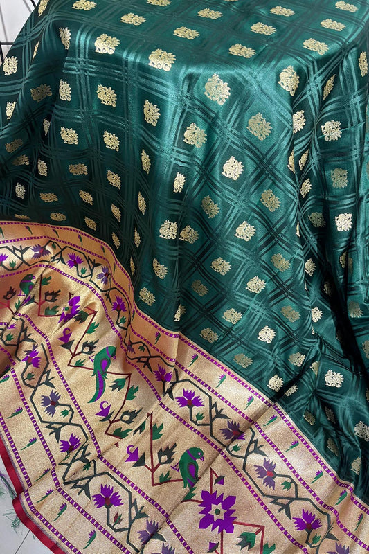 Green Banarasi Silk Paithani Big Border Fabric ( 1 Mtr ) - Luxurion World