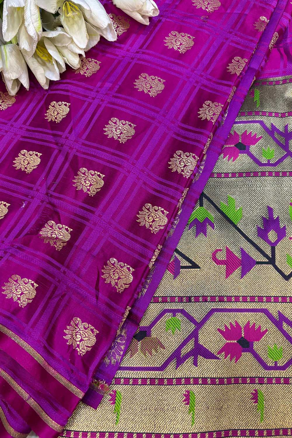 Purple Banarasi Silk Paithani Big Border Fabric ( 2.5Mtr ) - Luxurion World