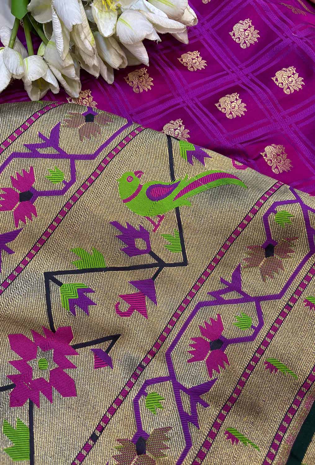Purple Banarasi Silk Paithani Big Border Fabric ( 2.5Mtr ) - Luxurion World