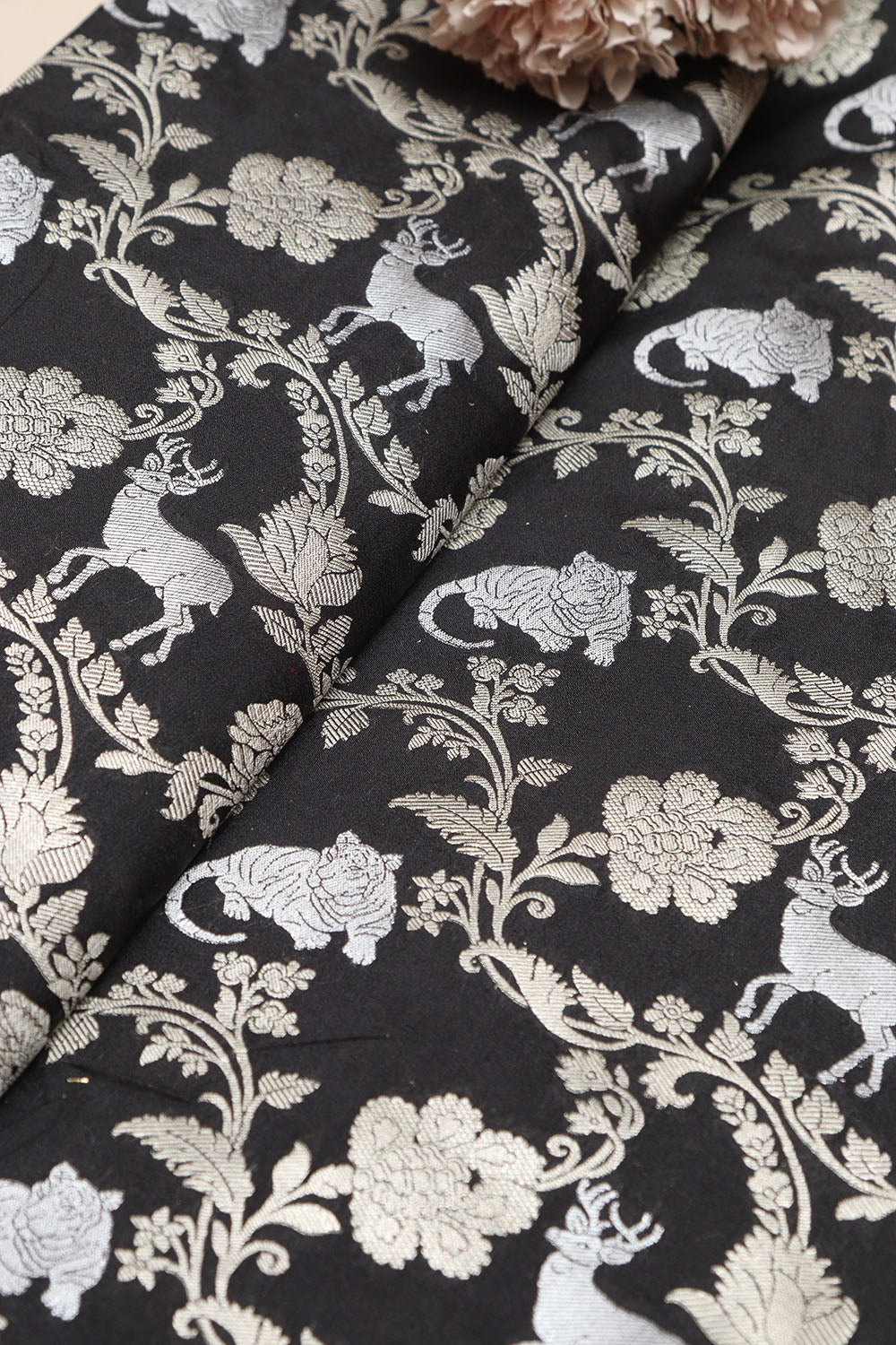 Exquisite Black Banarasi Silk Shikargah Animal And Flower Design Fabric