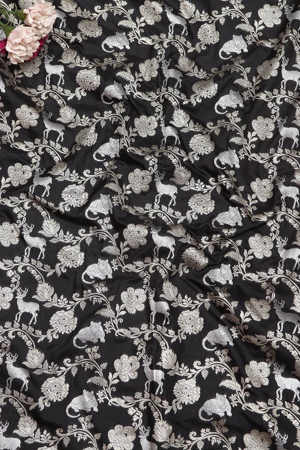 Exquisite Black Banarasi Silk Shikargah Animal And Flower Design Fabric - Luxurion World
