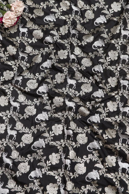 Exquisite Black Banarasi Silk Shikargah Animal And Flower Design Fabric