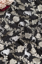 Exquisite Black Banarasi Silk Shikargah Animal And Flower Design Fabric - Luxurion World