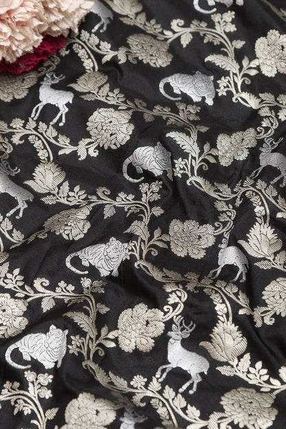 Exquisite Black Banarasi Silk Shikargah Animal And Flower Design Fabric