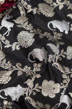 Exquisite Black Banarasi Silk Shikargah Animal And Flower Design Fabric - Luxurion World
