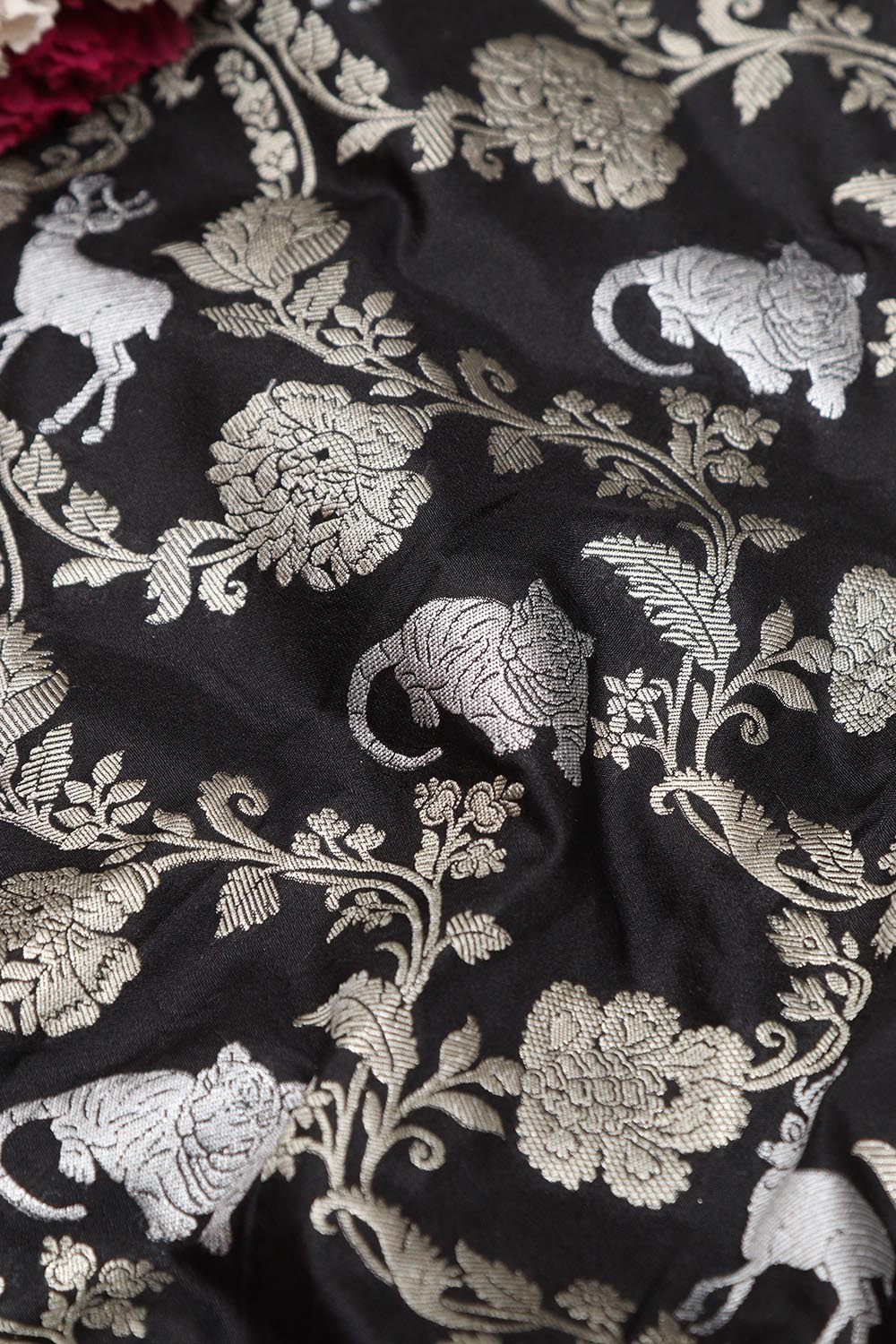Exquisite Black Banarasi Silk Shikargah Animal And Flower Design Fabric