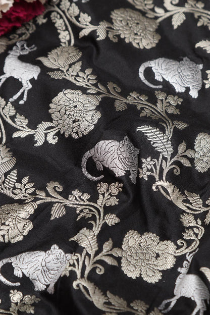 Exquisite Black Banarasi Silk Shikargah Animal And Flower Design Fabric