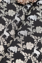Exquisite Black Banarasi Silk Shikargah Animal And Flower Design Fabric - Luxurion World