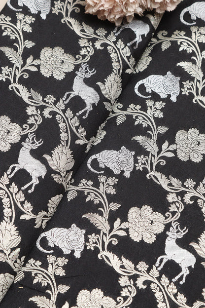 Exquisite Black Banarasi Silk Shikargah Animal And Flower Design Fabric