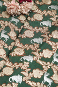 Green Banarasi Silk Shikargah Animal And Flower Design Fabric - Luxurion World