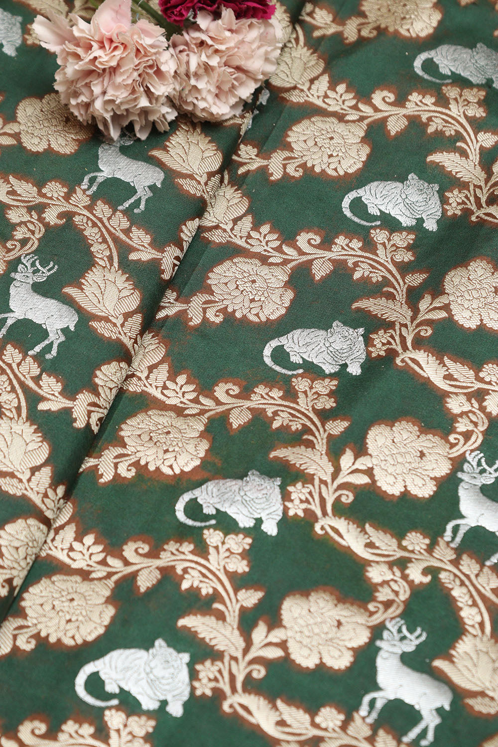 Green Banarasi Silk Shikargah Animal And Flower Design Fabric - Luxurion World