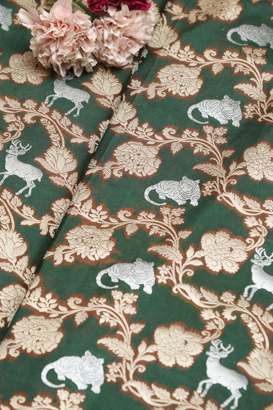 Green Banarasi Silk Shikargah Animal And Flower Design Fabric