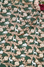 Green Banarasi Silk Shikargah Animal And Flower Design Fabric - Luxurion World