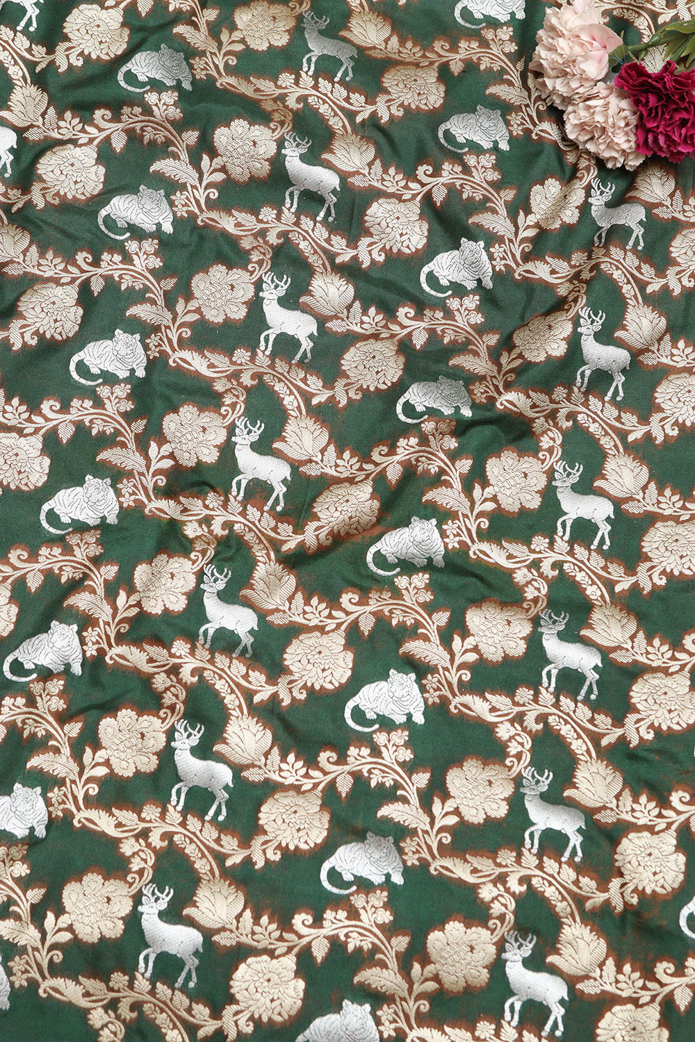 Green Banarasi Silk Shikargah Animal And Flower Design Fabric - Luxurion World