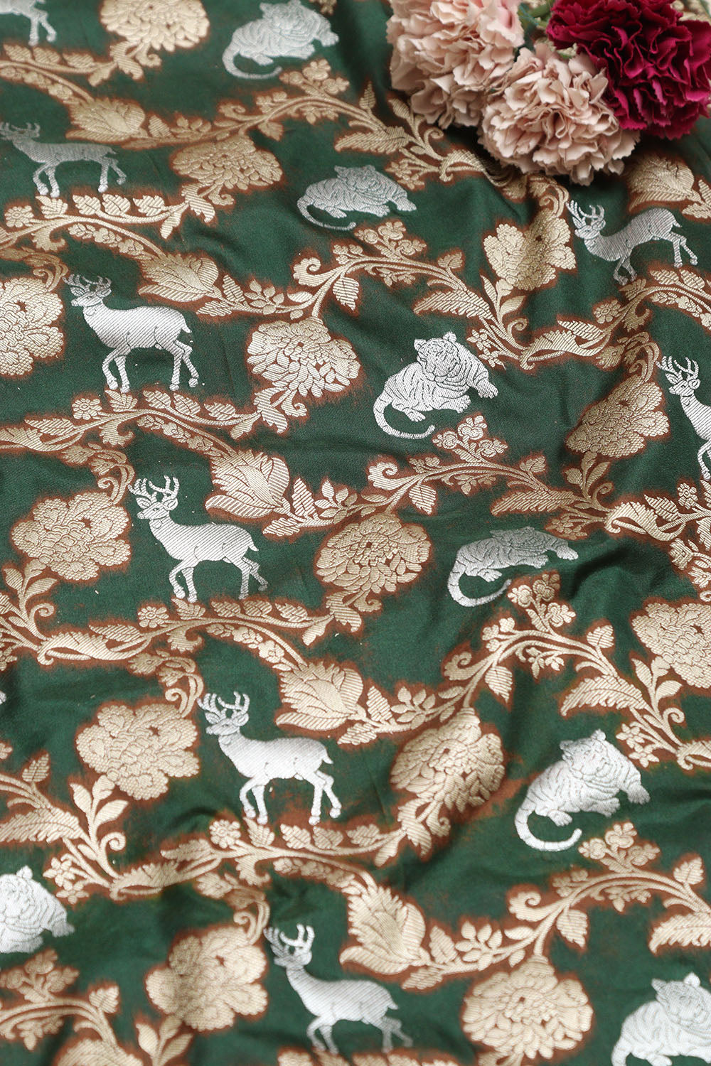 Green Banarasi Silk Shikargah Animal And Flower Design Fabric - Luxurion World